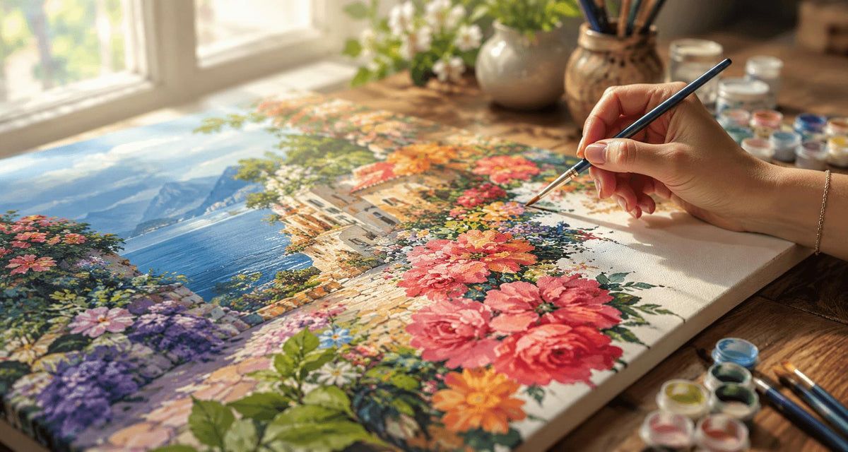 Paint by numbers mistakes on a partially painted canvas with acrylic paints and brushes