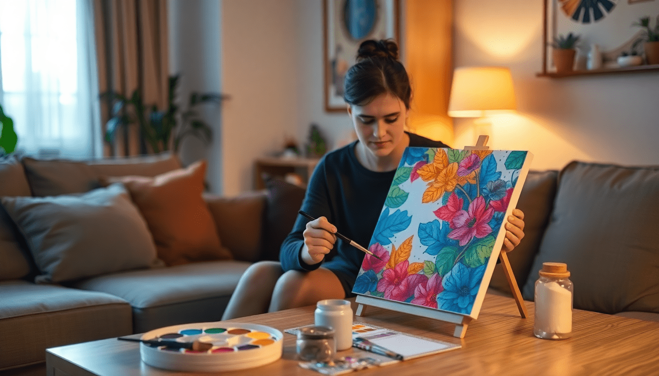 Woman relaxing at home while painting a colorful paint by numbers canvas for stress relief