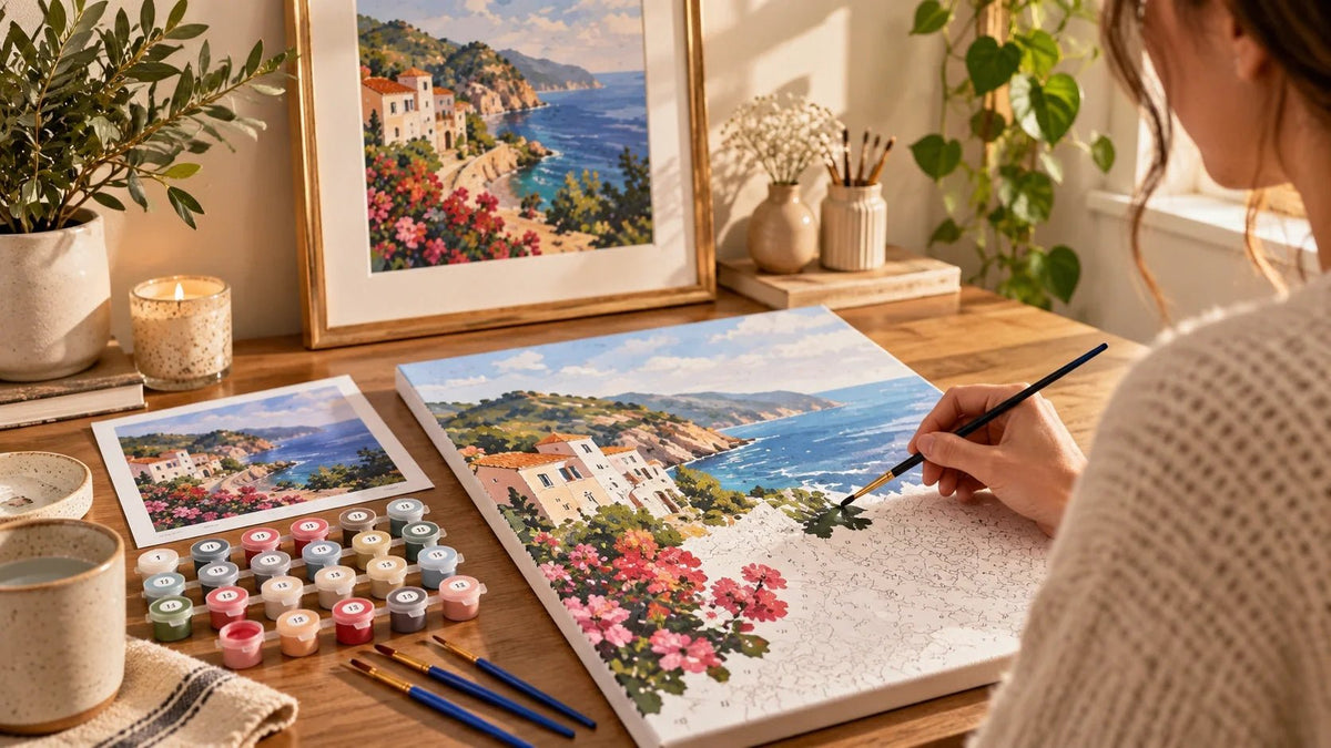 Beginner painting a paint by numbers kit at home with numbered canvas, acrylic paints, brushes, and a finished framed artwork
