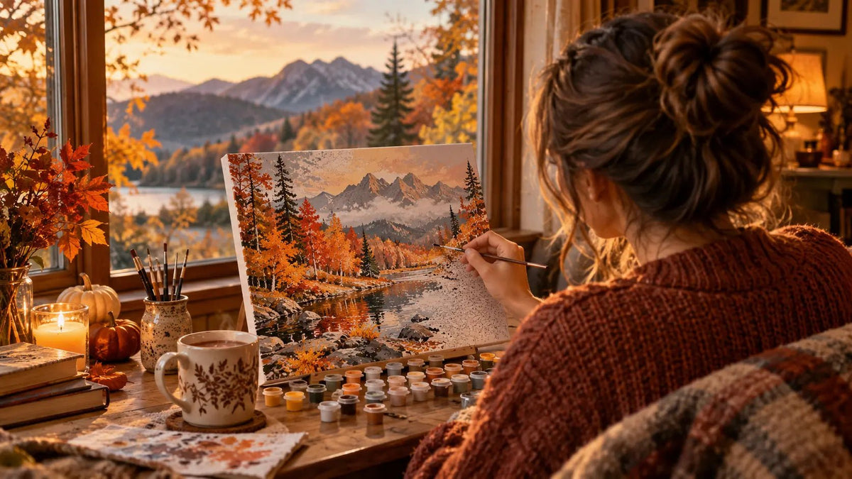 Woman painting an autumn landscape paint by numbers kit in a cozy room with fall foliage, warm drink, and golden seasonal light.