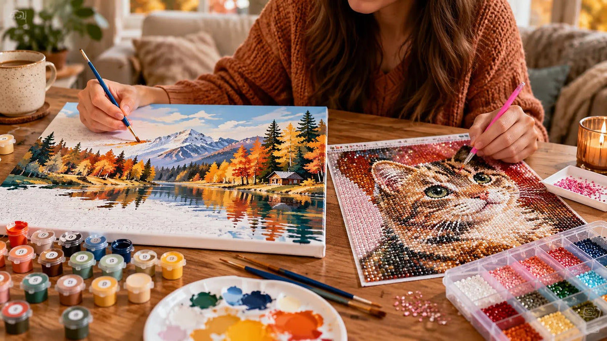 Woman working on a paint by numbers landscape and a diamond painting kit side by side at a cozy craft table.