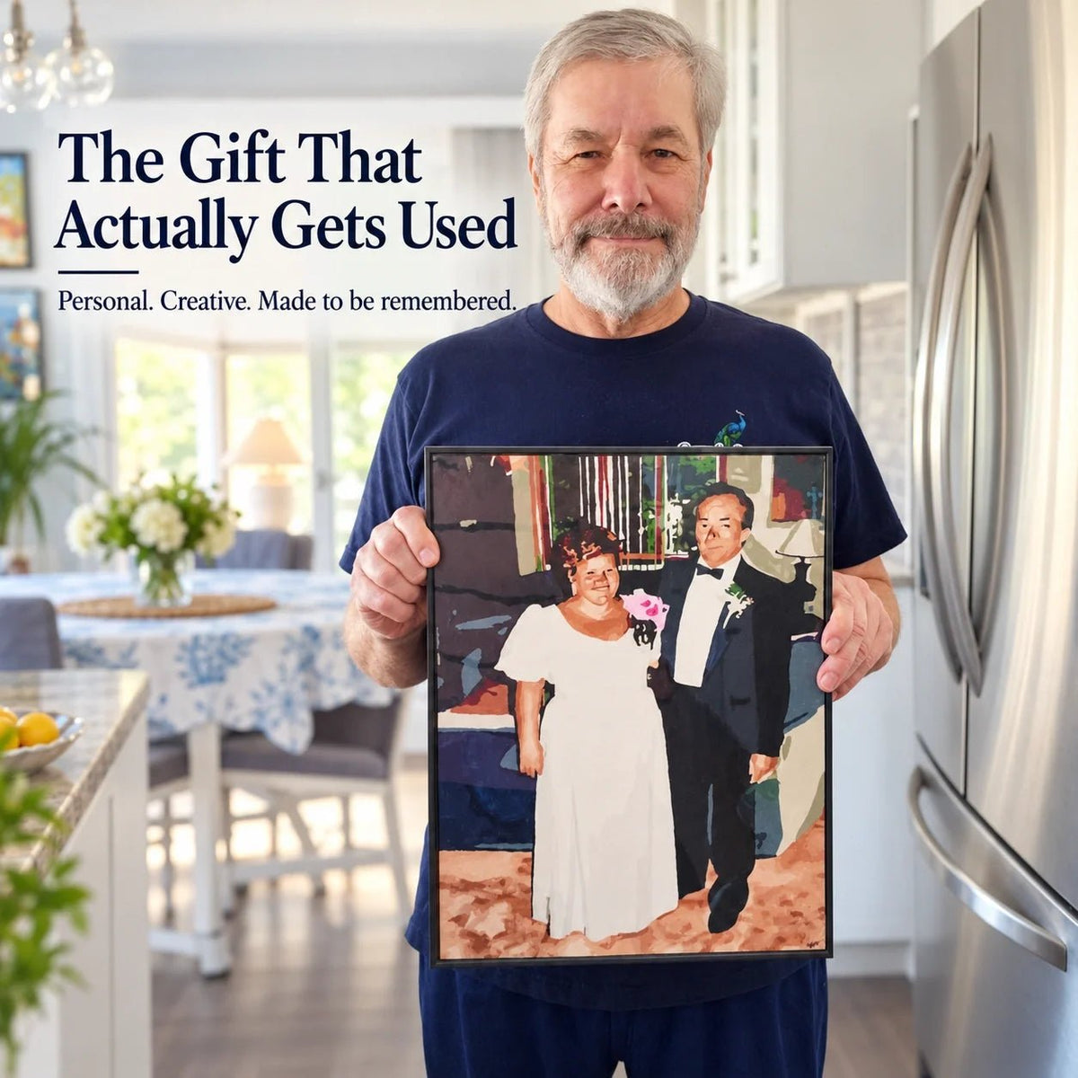 Older man holding a finished custom paint by numbers portrait in a bright kitchen, with the text “The Gift That Actually Gets Used.”