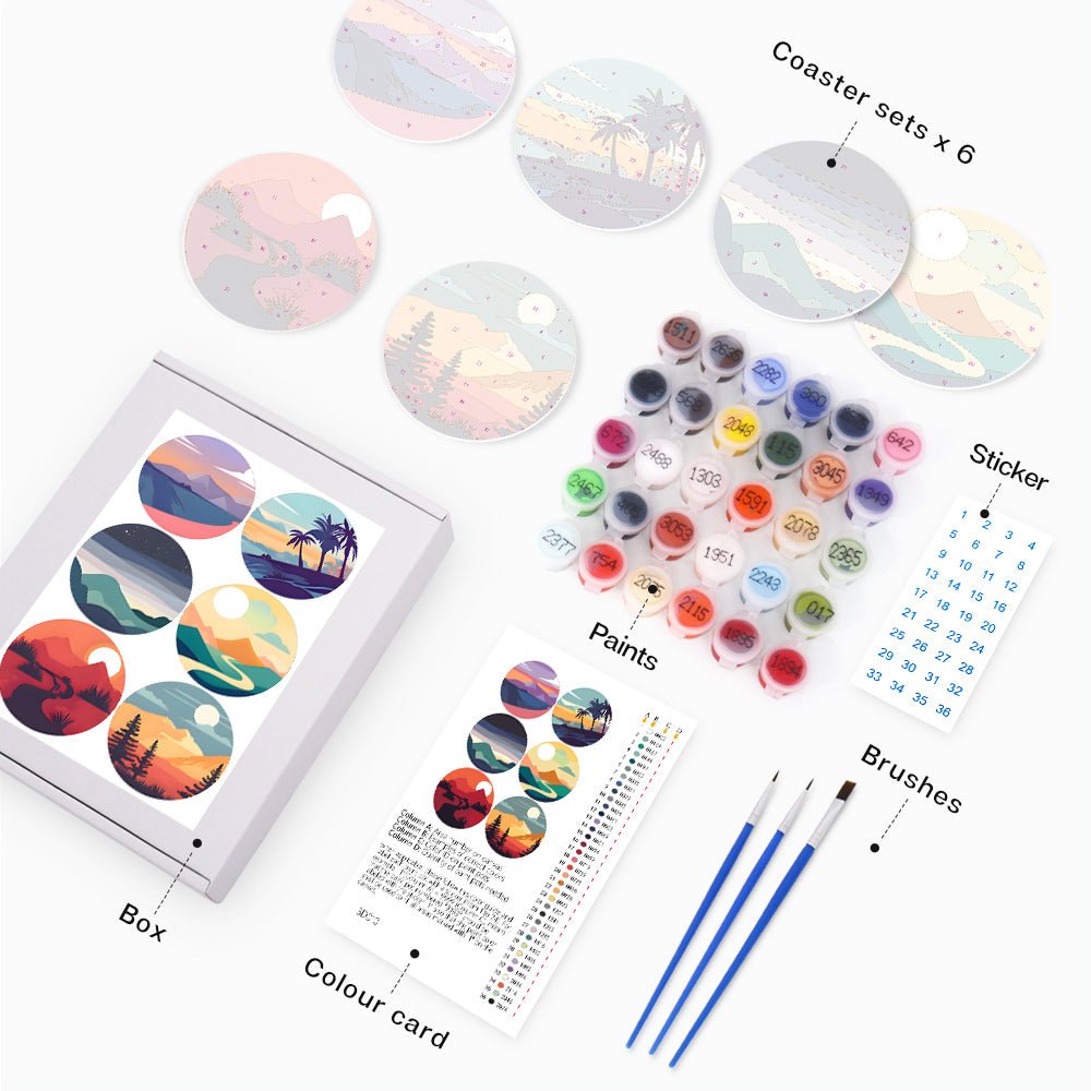 Serene Sunset Landscapes - Coasters Paint by Numbers Kit (6 Pieces) paint by numbers kit