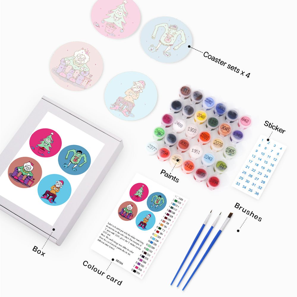 Whimsical Holiday Characters - Coasters Paint by Numbers Kit (4 Pieces) paint by numbers kit