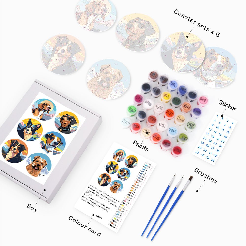 Happy Mountain Dogs - Coasters Paint by Numbers Kit (6 Pieces) paint by numbers kit