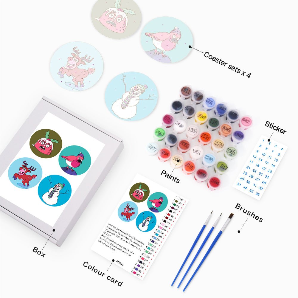 Merry Little Winter Friends - Coasters Paint by Numbers Kit (4 Pieces) paint by numbers kit