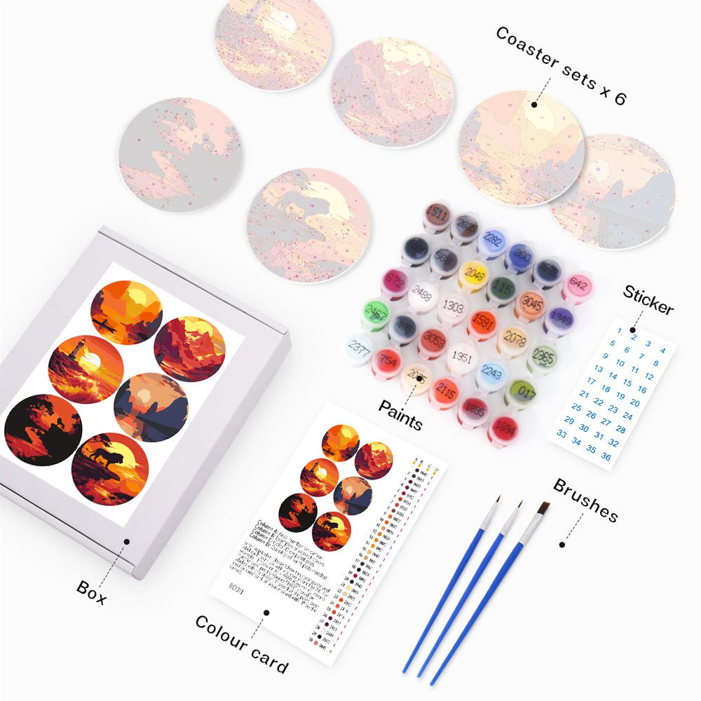 Sunset Landscape Silhouettes - Coasters Paint by Numbers Kit (6 Pieces) paint by numbers kit