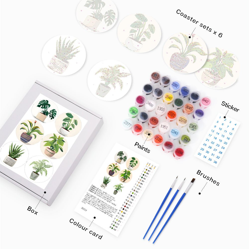 Indoor Green Plants - Coasters Paint by Numbers Kit (6 Pieces) paint by numbers kit