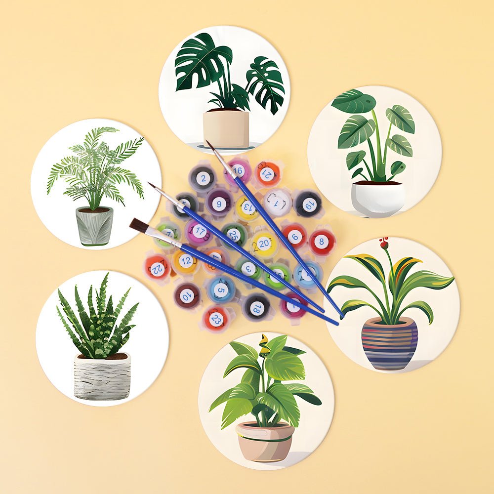 Indoor Green Plants - Coasters Paint by Numbers Kit (6 Pieces) paint by numbers kit