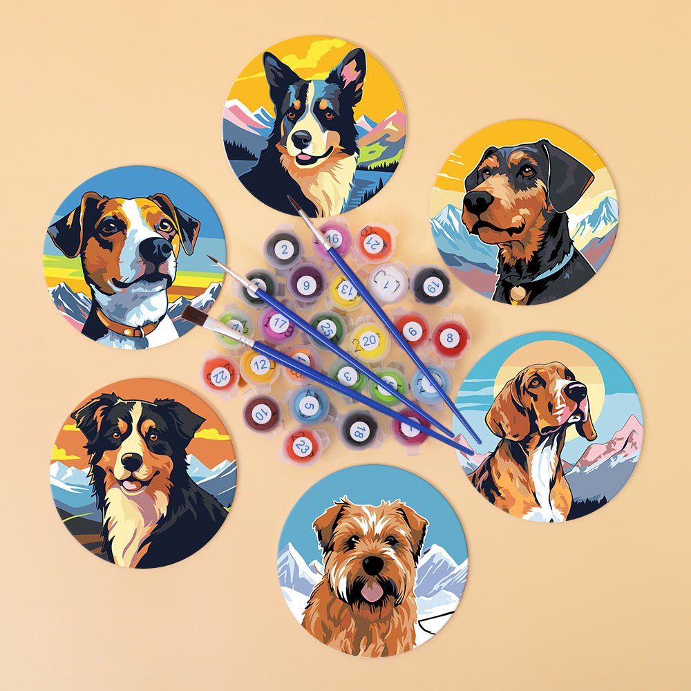 Happy Mountain Dogs - Coasters Paint by Numbers Kit (6 Pieces) paint by numbers kit