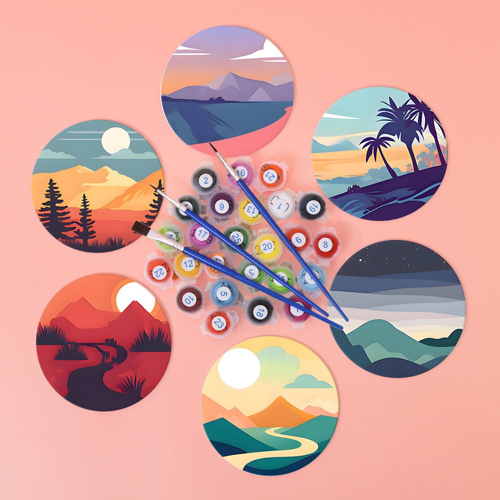 Serene Sunset Landscapes - Coasters Paint by Numbers Kit (6 Pieces) paint by numbers kit