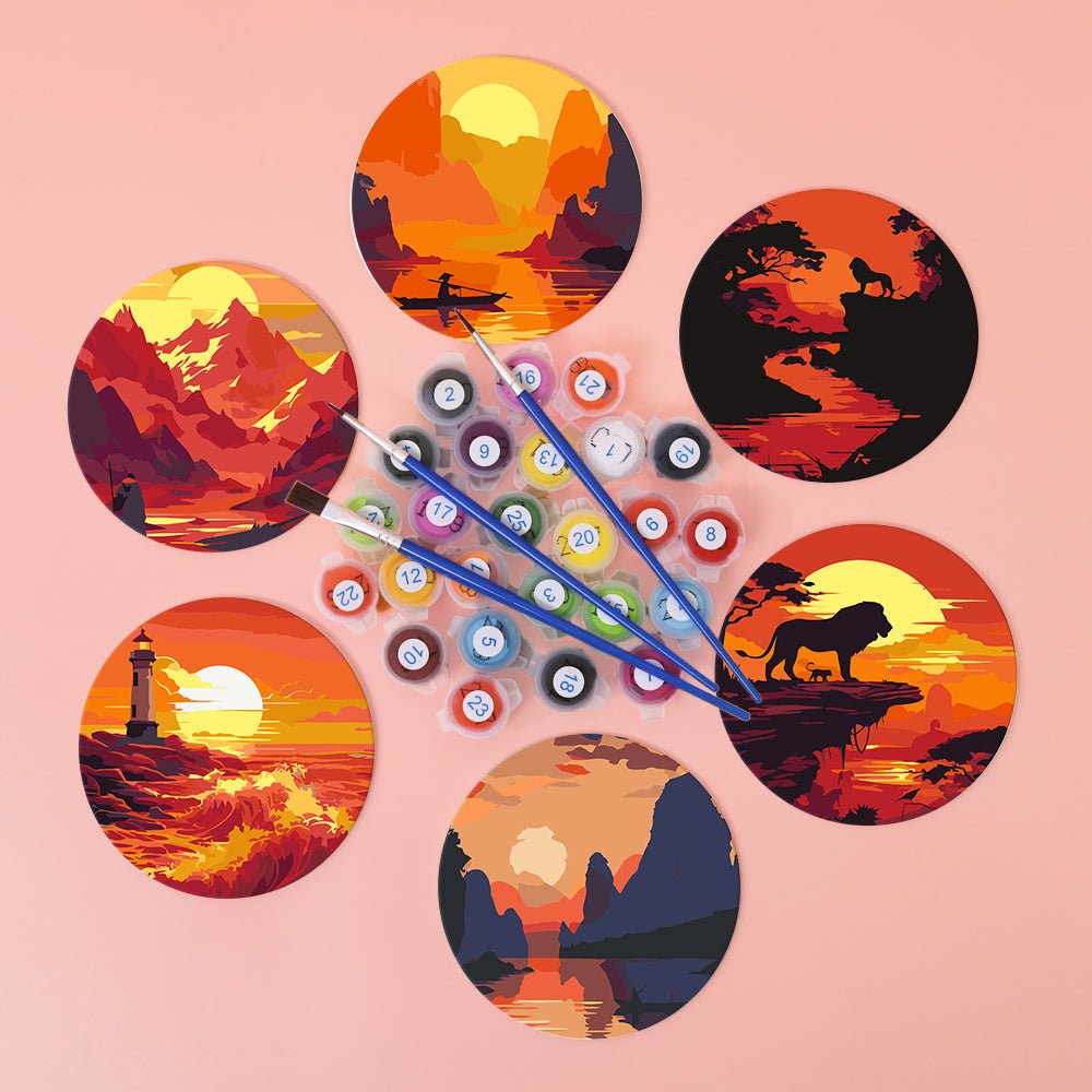 Sunset Landscape Silhouettes - Coasters Paint by Numbers Kit (6 Pieces) paint by numbers kit