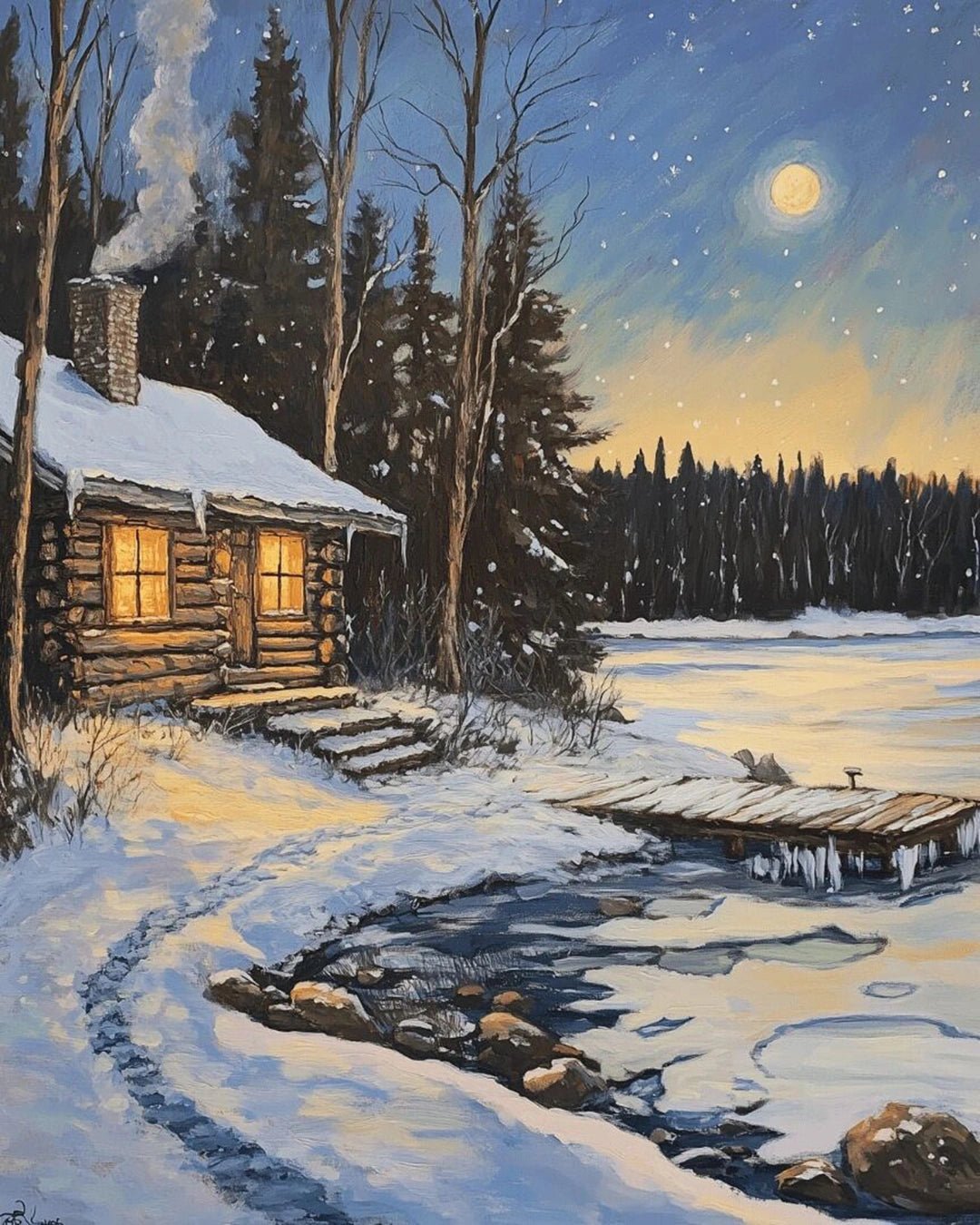 Moonlit Winter Cabin paint by numbers kit