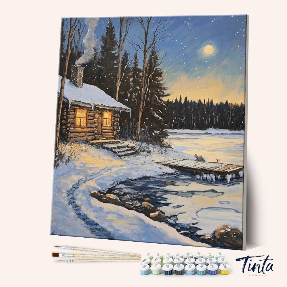 Moonlit Winter Cabin paint by numbers kit