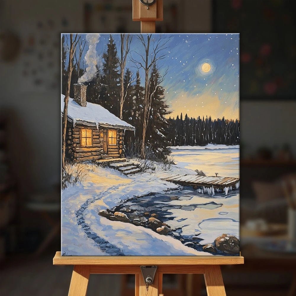 Moonlit Winter Cabin paint by numbers kit