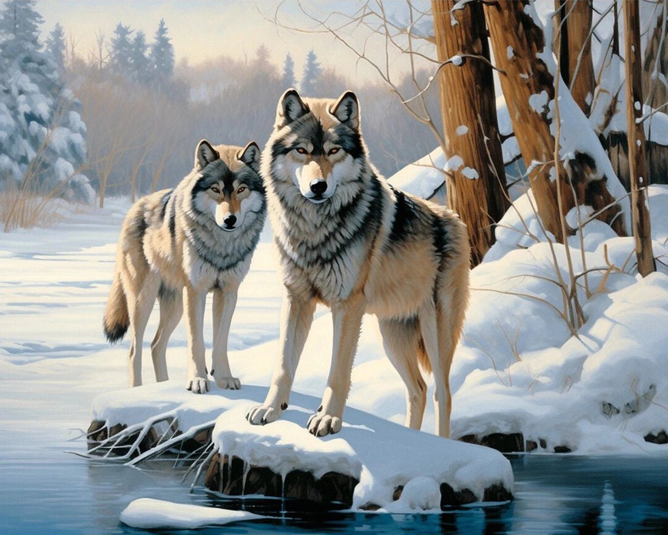Winter River Wolves paint by numbers kit
