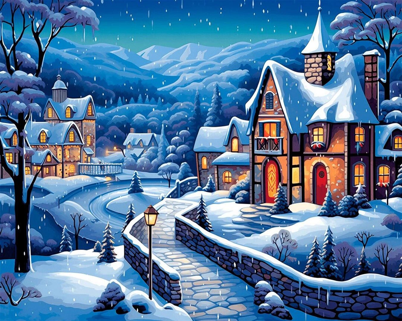 Snowy Village Night paint by numbers kit