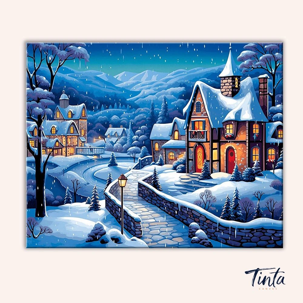 Snowy Village Night paint by numbers kit