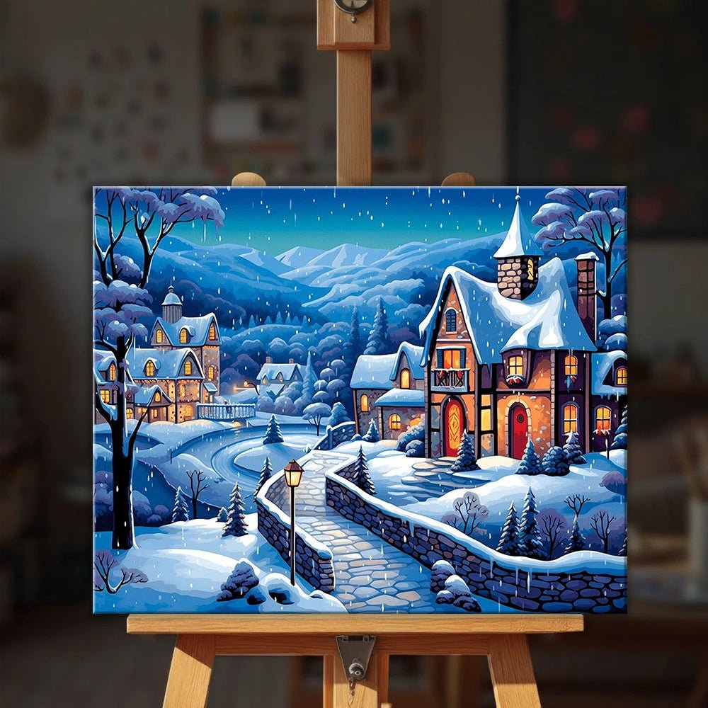 Snowy Village Night paint by numbers kit
