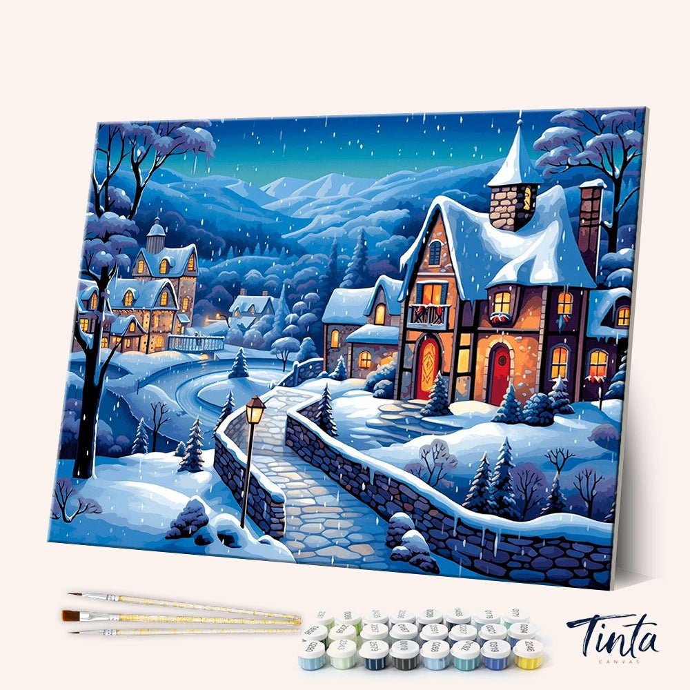 Snowy Village Night paint by numbers kit
