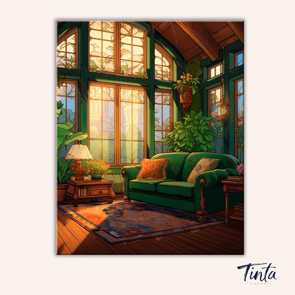 Sunlit Green Living Room paint by numbers kit