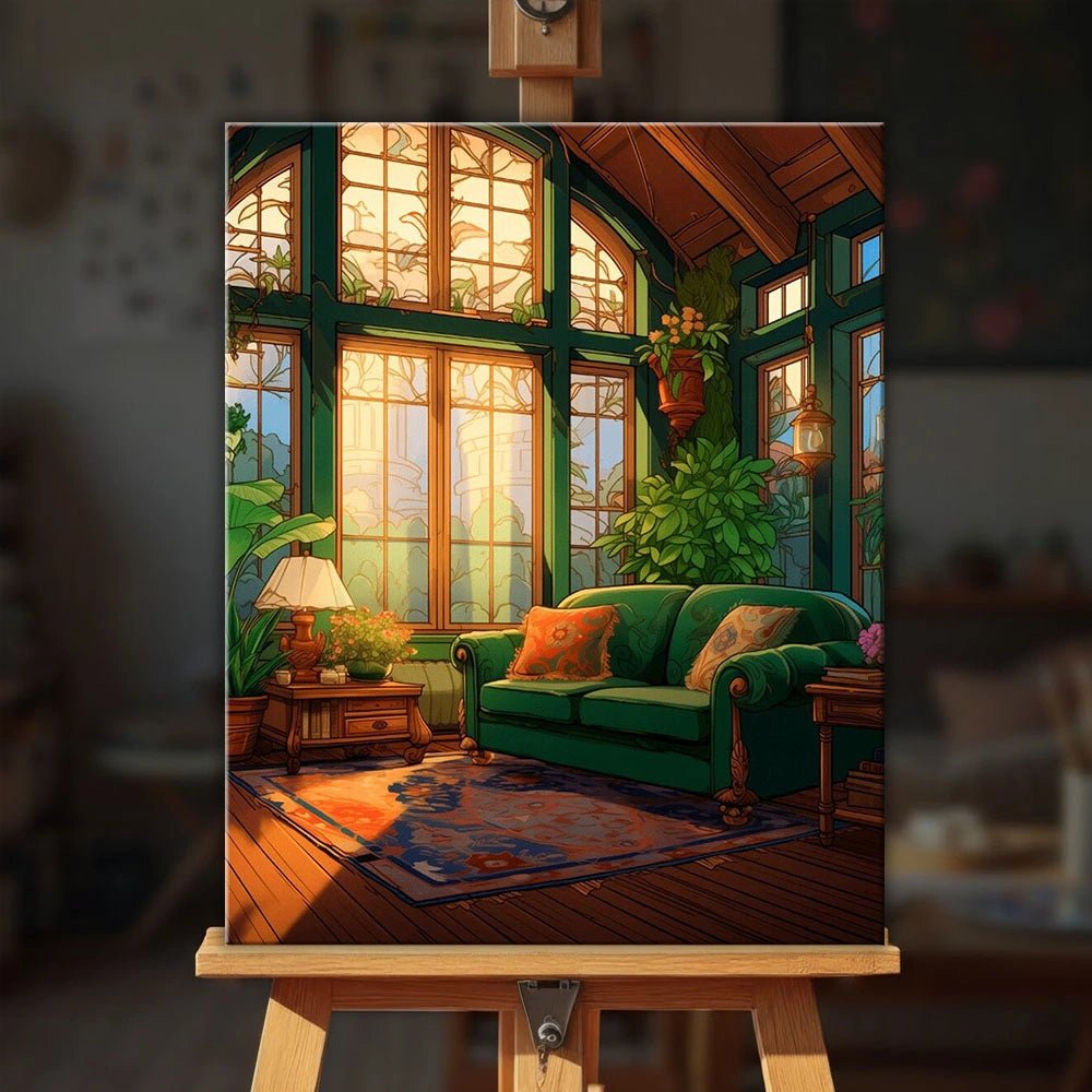 Sunlit Green Living Room paint by numbers kit