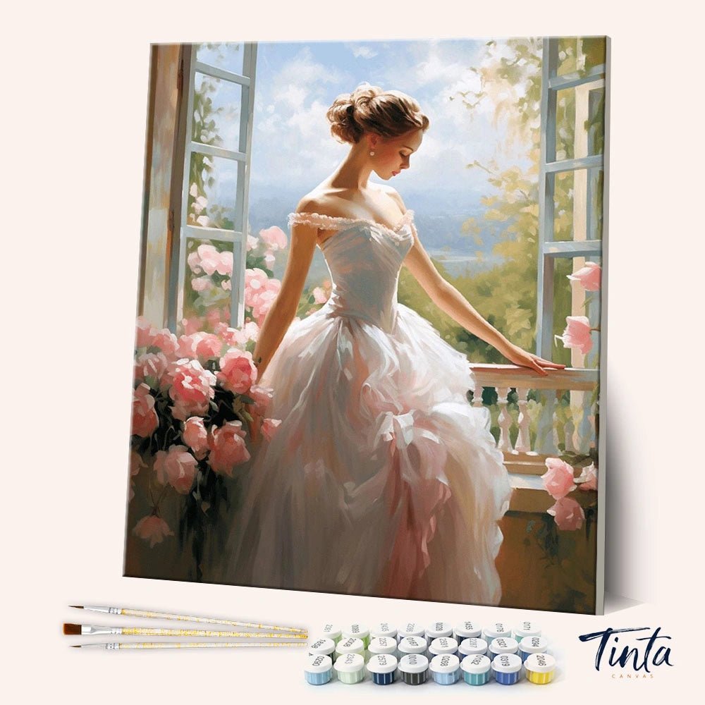 Window of Elegance paint by numbers kit shown in angled view with woman in dress by open window and flowers