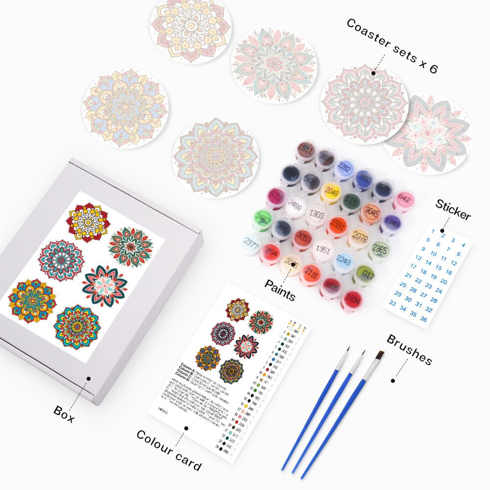 Colorful Mandala Patterns - Coasters Paint by Numbers Kit (6 Pieces) paint by numbers kit