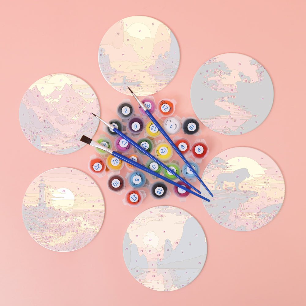 Sunset Landscape Silhouettes - Coasters Paint by Numbers Kit (6 Pieces) paint by numbers kit