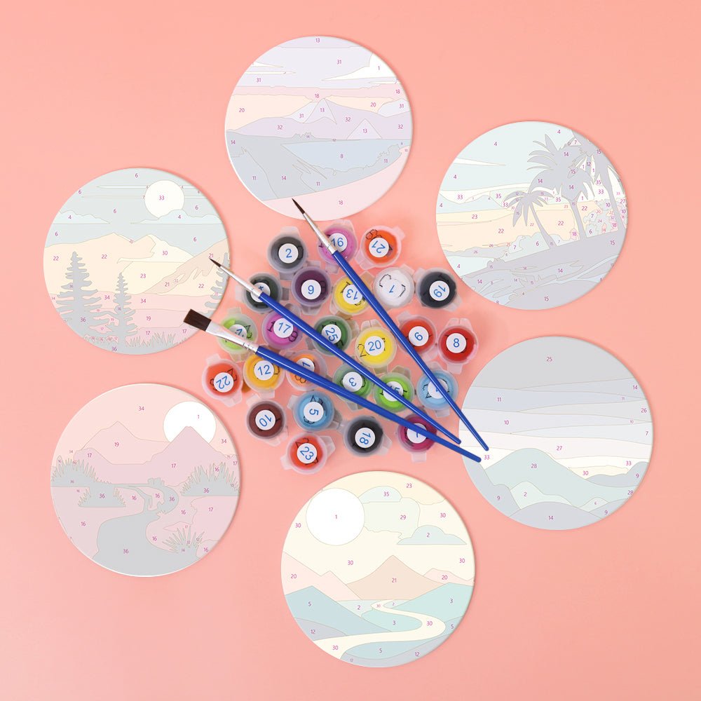 Serene Sunset Landscapes - Coasters Paint by Numbers Kit (6 Pieces) paint by numbers kit