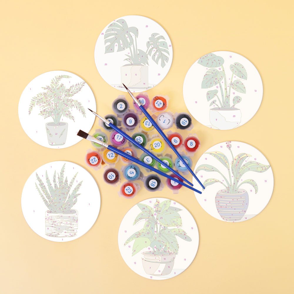 Indoor Green Plants - Coasters Paint by Numbers Kit (6 Pieces) paint by numbers kit