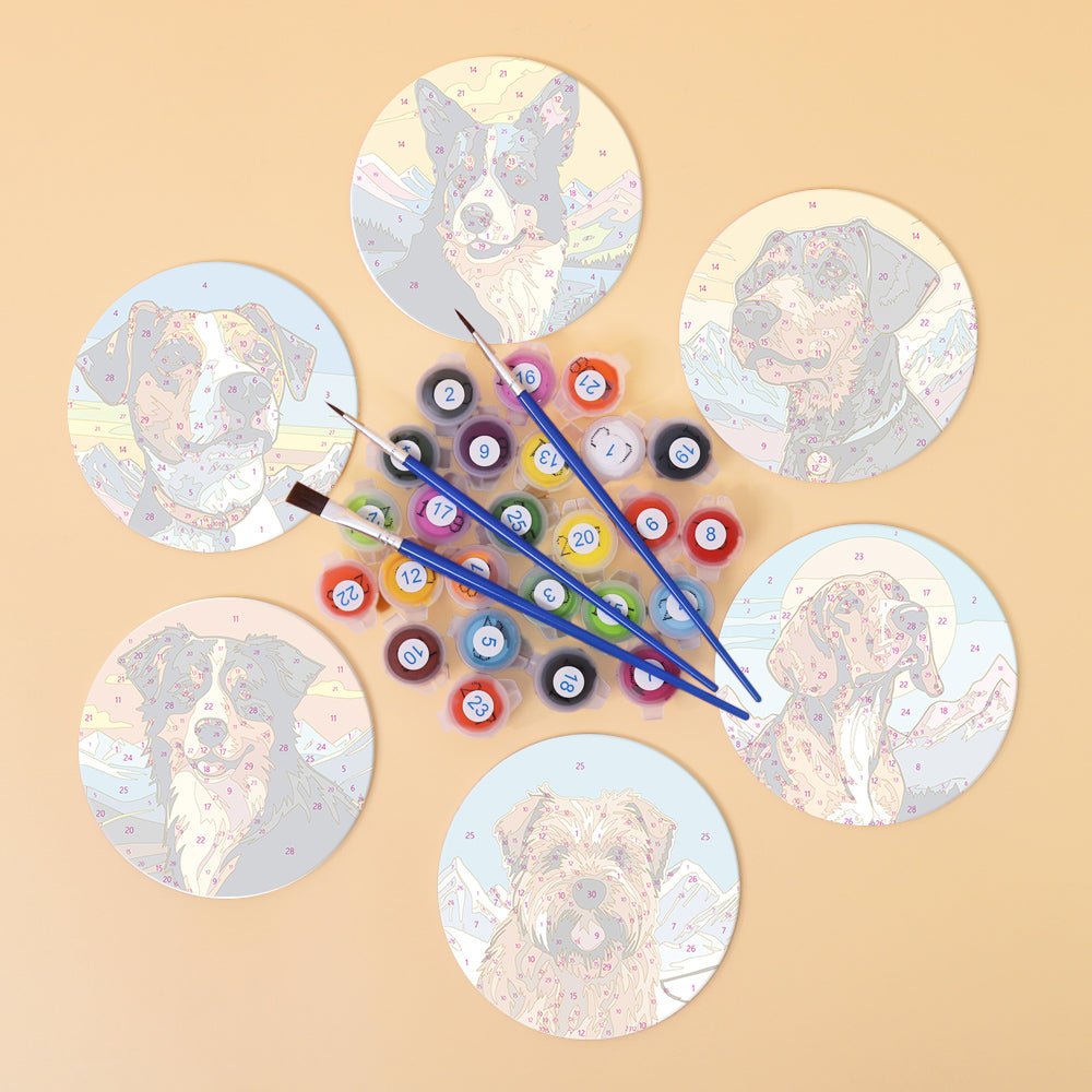 Happy Mountain Dogs - Coasters Paint by Numbers Kit (6 Pieces) paint by numbers kit