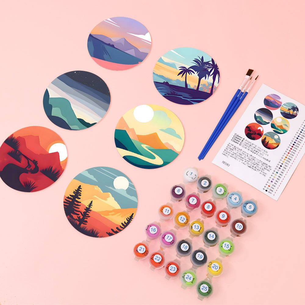 Serene Sunset Landscapes - Coasters Paint by Numbers Kit (6 Pieces) paint by numbers kit