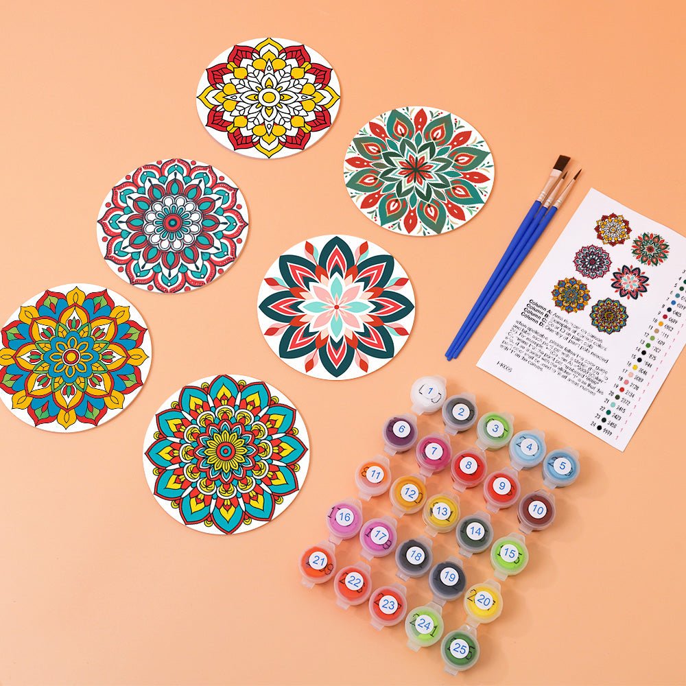 Colorful Mandala Patterns - Coasters Paint by Numbers Kit (6 Pieces) paint by numbers kit