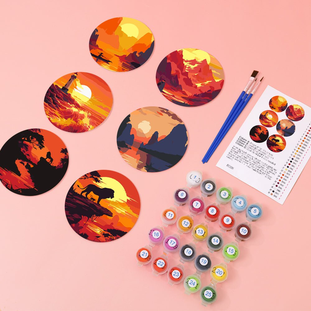 Sunset Landscape Silhouettes - Coasters Paint by Numbers Kit (6 Pieces) paint by numbers kit