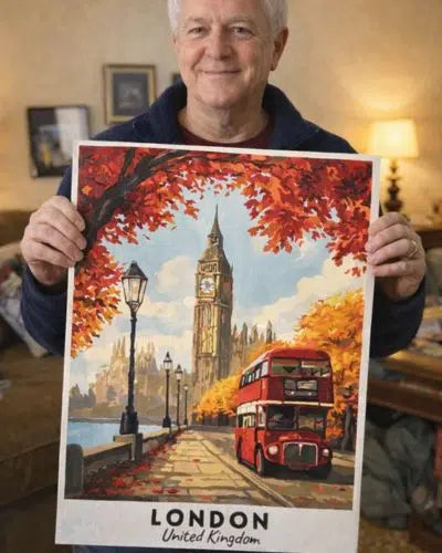 Man holding a poster of London with Big Ben and a red double-decker bus.