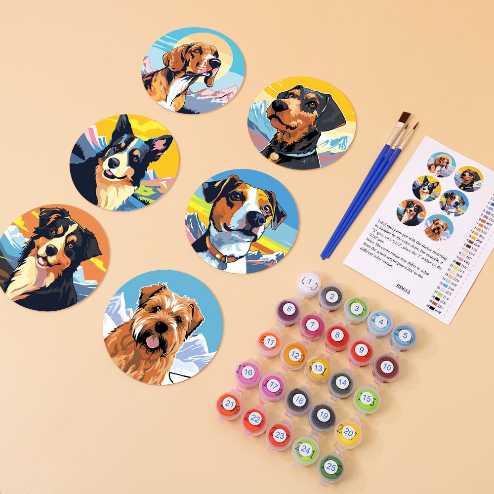Happy Mountain Dogs - Coasters Paint by Numbers Kit (6 Pieces) paint by numbers kit
