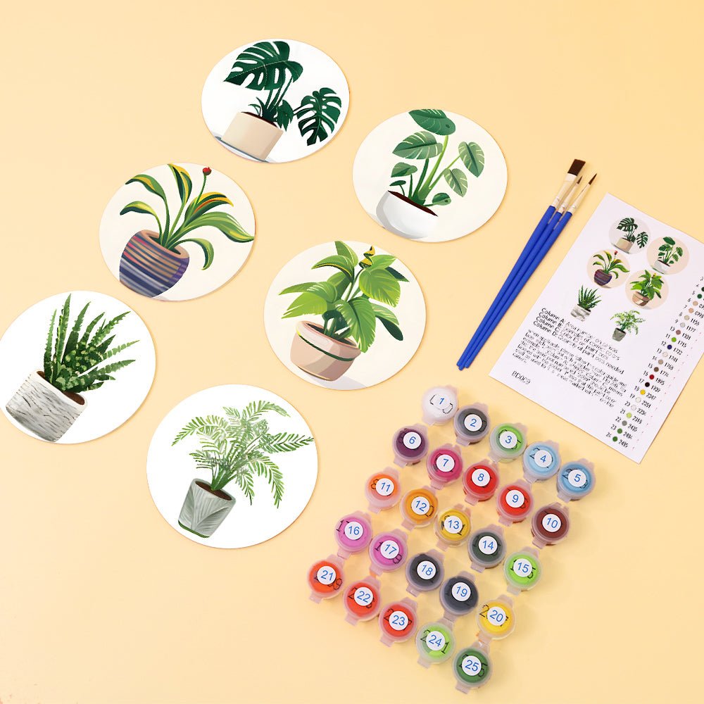 Indoor Green Plants - Coasters Paint by Numbers Kit (6 Pieces) paint by numbers kit