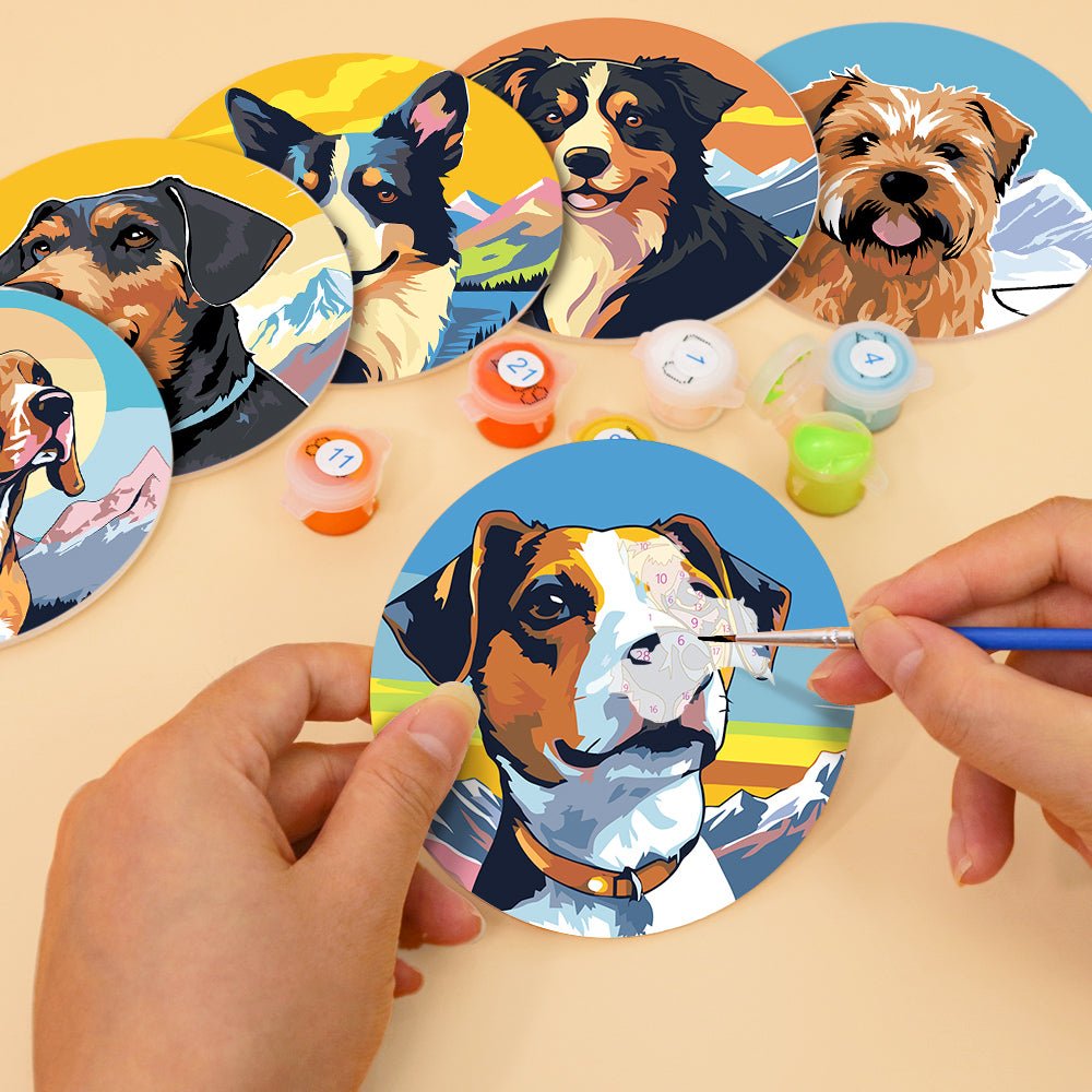 Happy Mountain Dogs - Coasters Paint by Numbers Kit (6 Pieces) paint by numbers kit