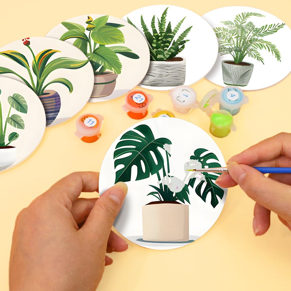 Indoor Green Plants - Coasters Paint by Numbers Kit (6 Pieces) paint by numbers kit
