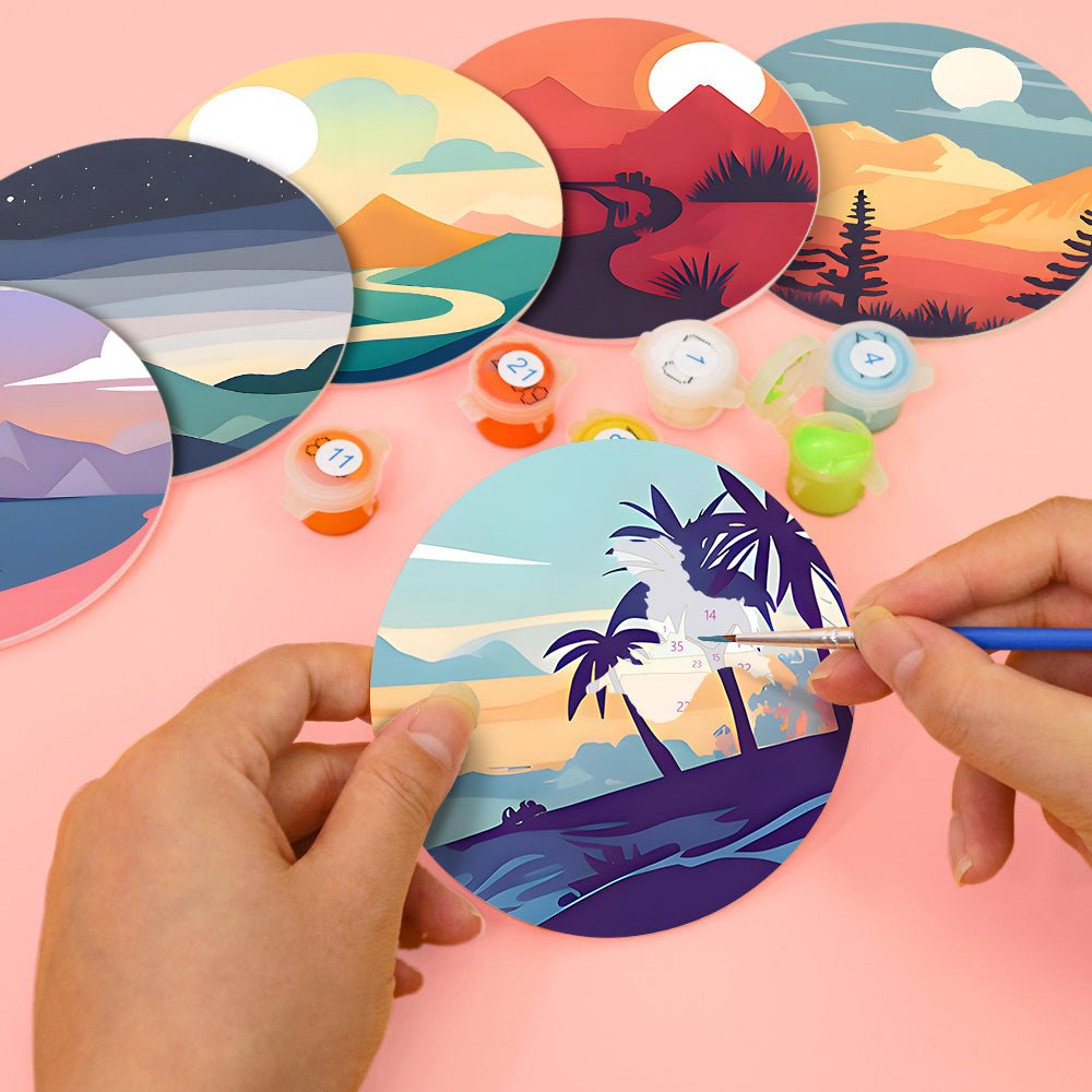 Serene Sunset Landscapes - Coasters Paint by Numbers Kit (6 Pieces) paint by numbers kit