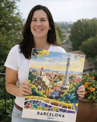 Woman holding a colorful poster of Barcelona with a scenic view.