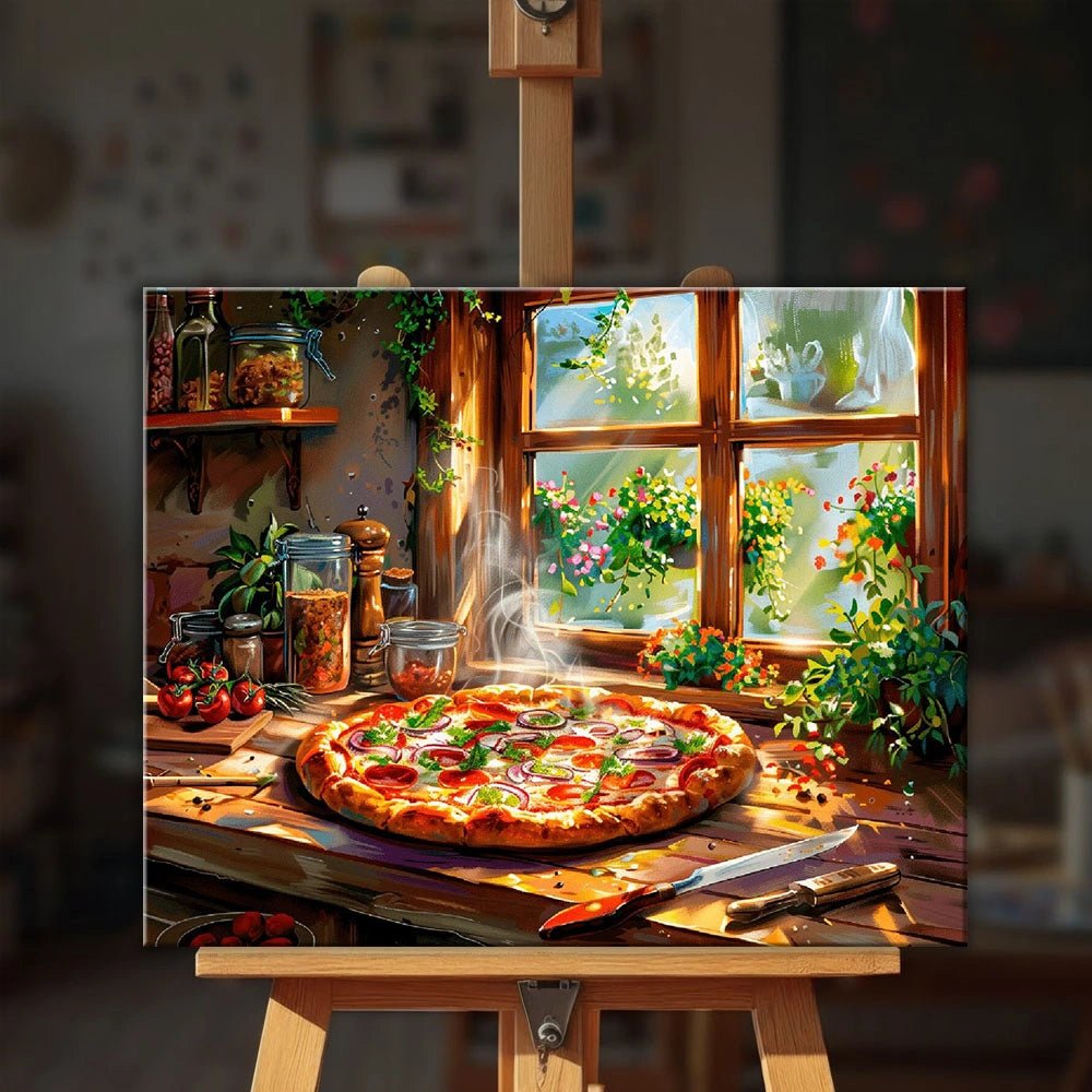 Pizza de cocina iluminada por el sol