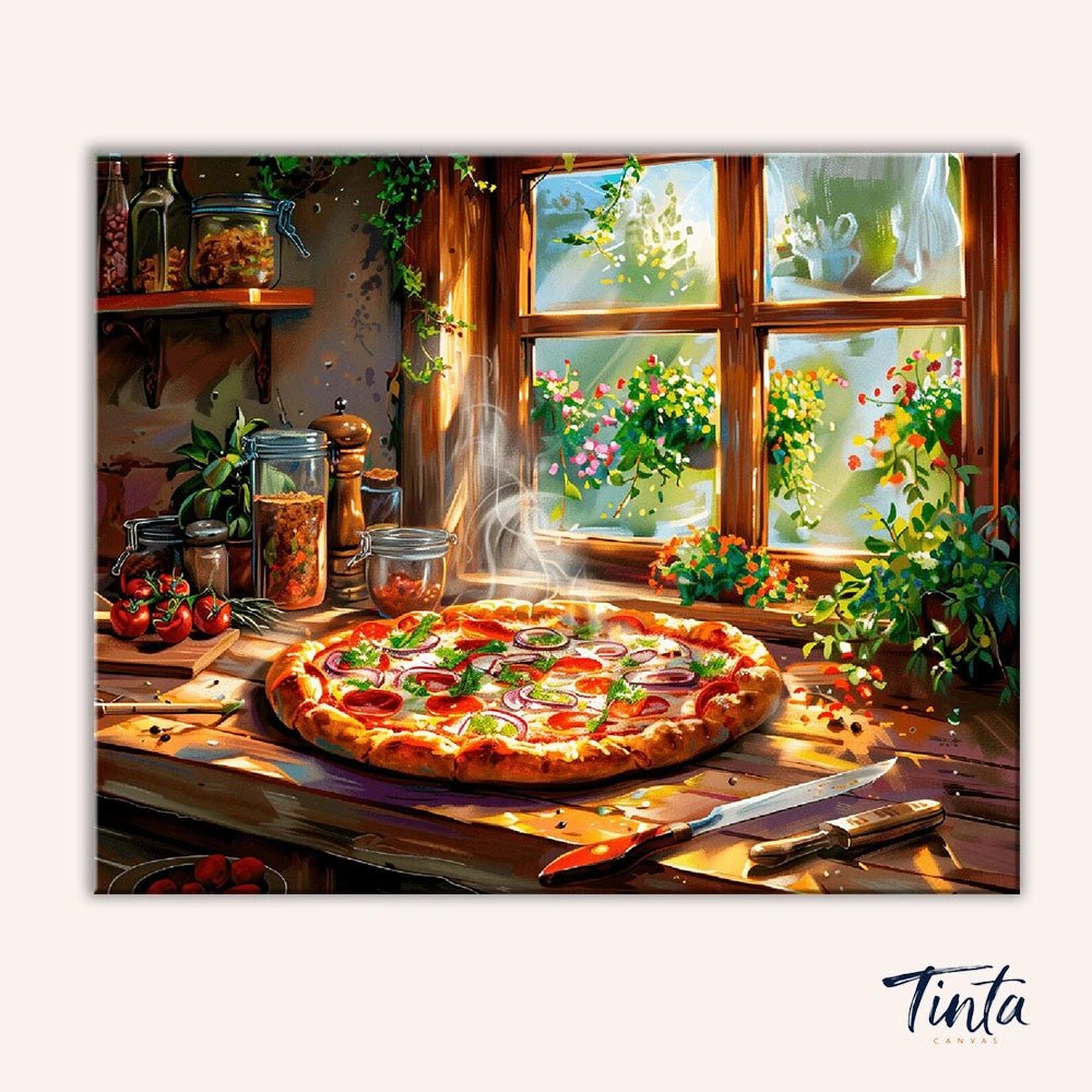 Pizza de cocina iluminada por el sol