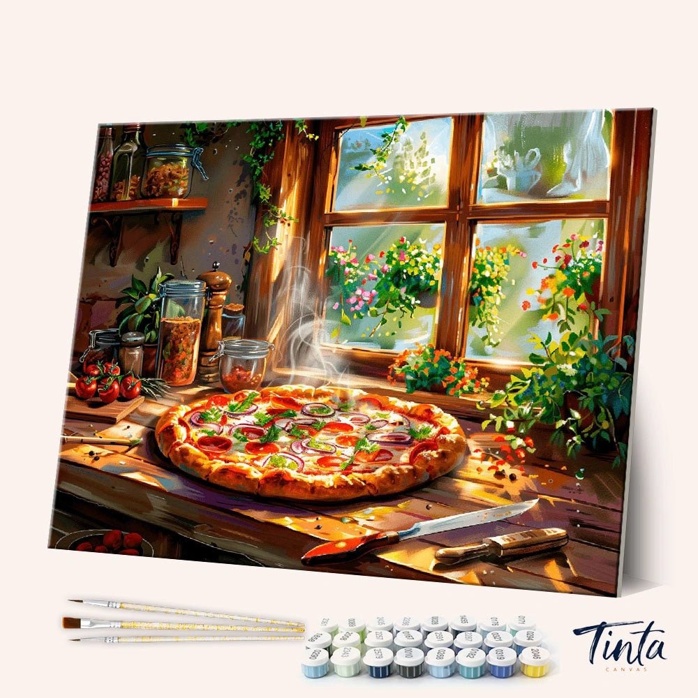 Pizza de cocina iluminada por el sol