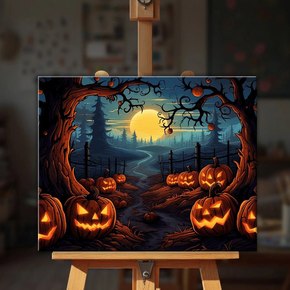 Camino de calabazas iluminado por la luna