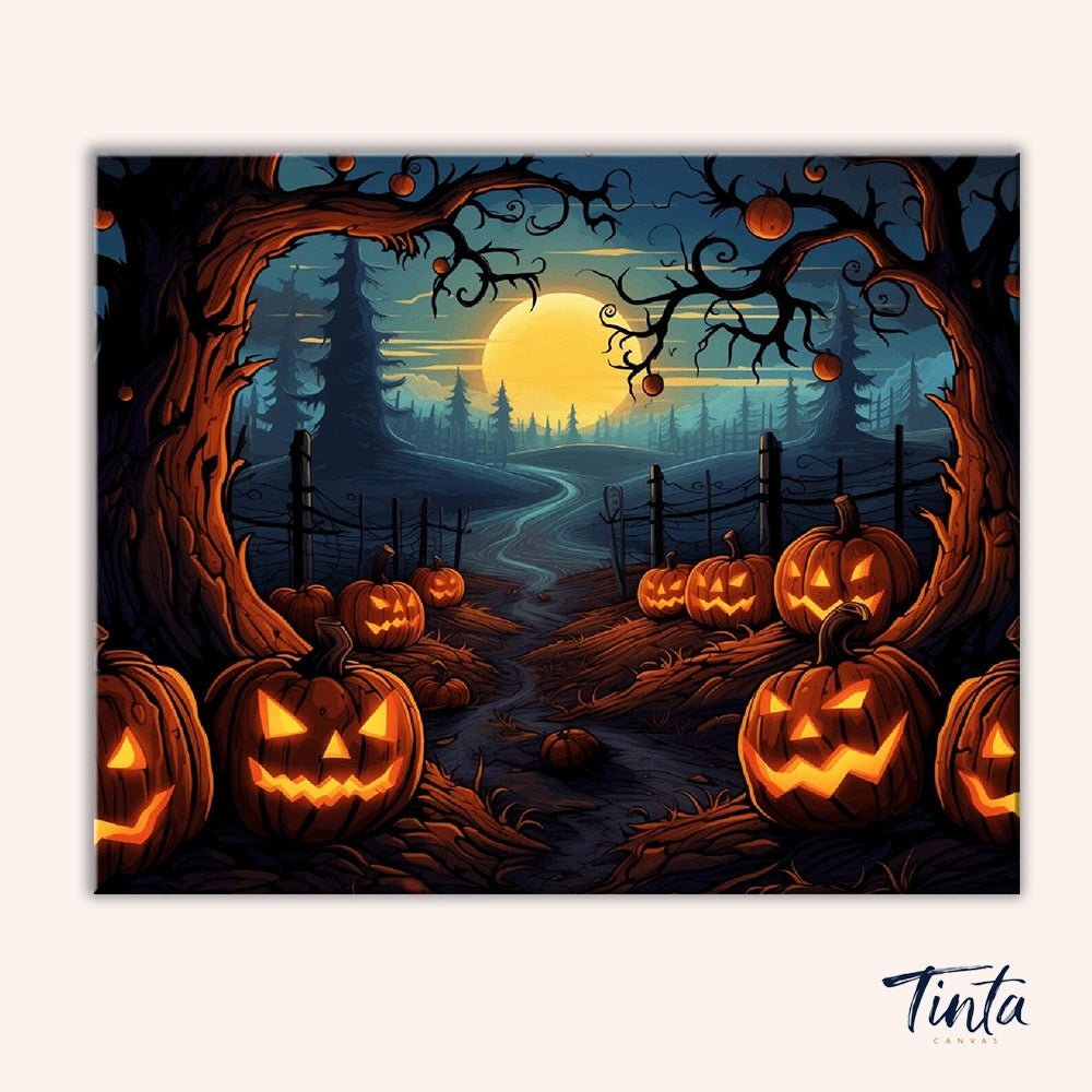 Camino de calabazas iluminado por la luna