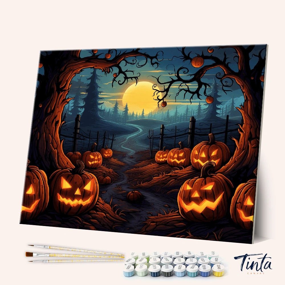 Camino de calabazas iluminado por la luna