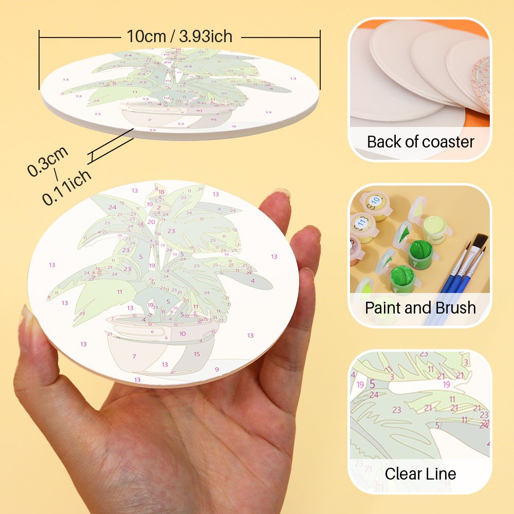 Indoor Green Plants - Coasters Paint by Numbers Kit (6 Pieces) paint by numbers kit