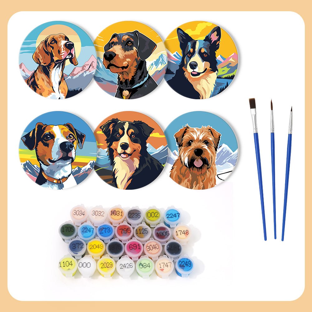 Happy Mountain Dogs - Coasters Paint by Numbers Kit (6 Pieces) paint by numbers kit